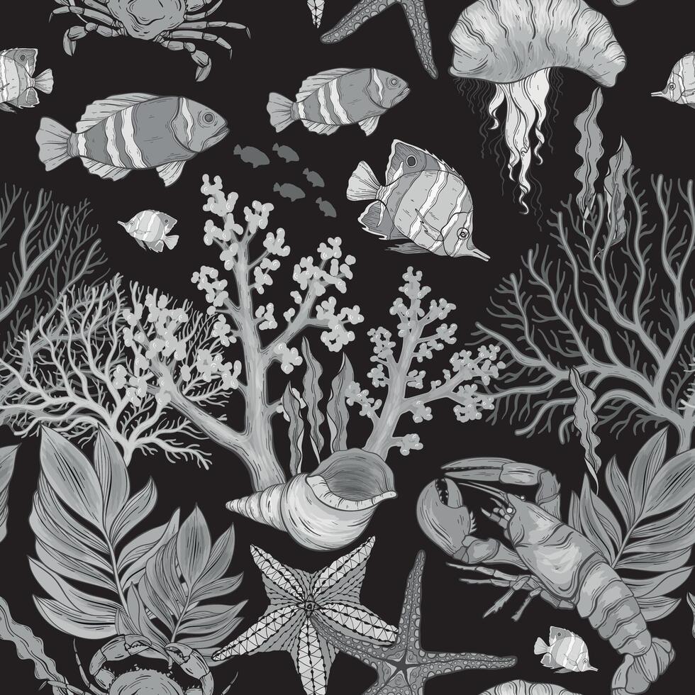 Marine Life monochrome pattern on black background, the ocean and underwater world with different inhabitants. vector