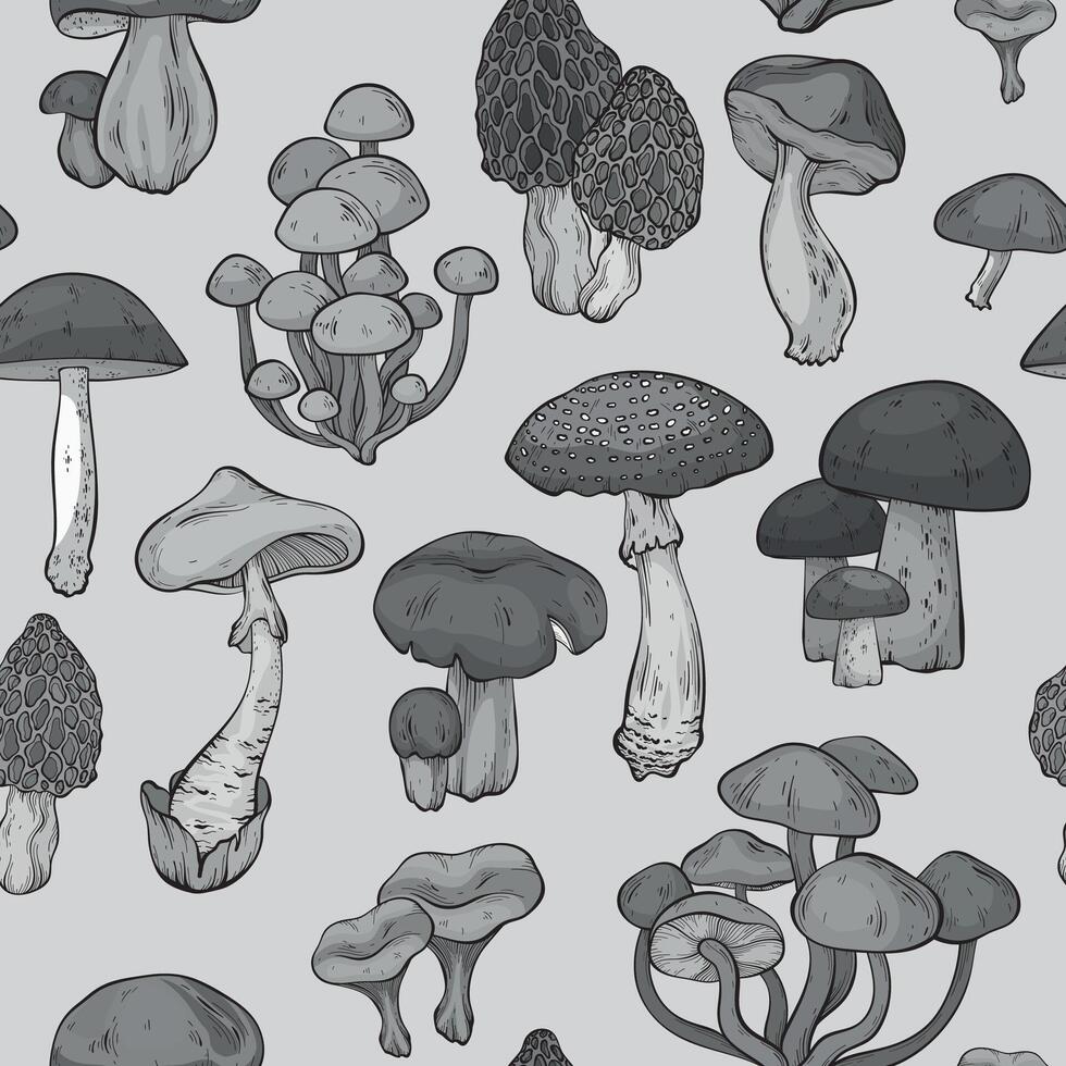 Seamless pattern with black monochrome mushrooms vector