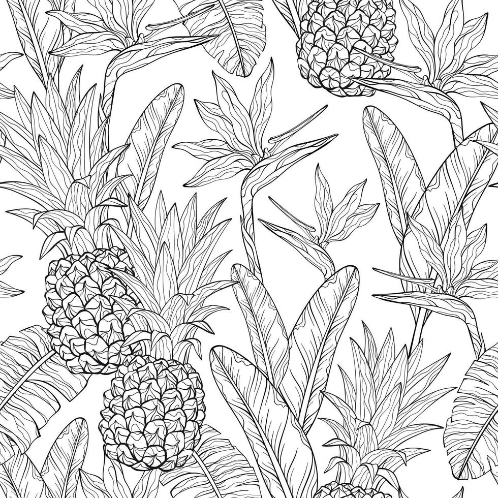 Seamless outline pattern with pineapple bird of paradise flowers and green palm leaves on white background. Tropical leaves illustration with fruits and exotic flowers vector
