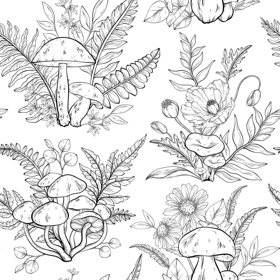 Seamless outline pattern with different types of mushrooms, poppies, chamomile and ferns. vector