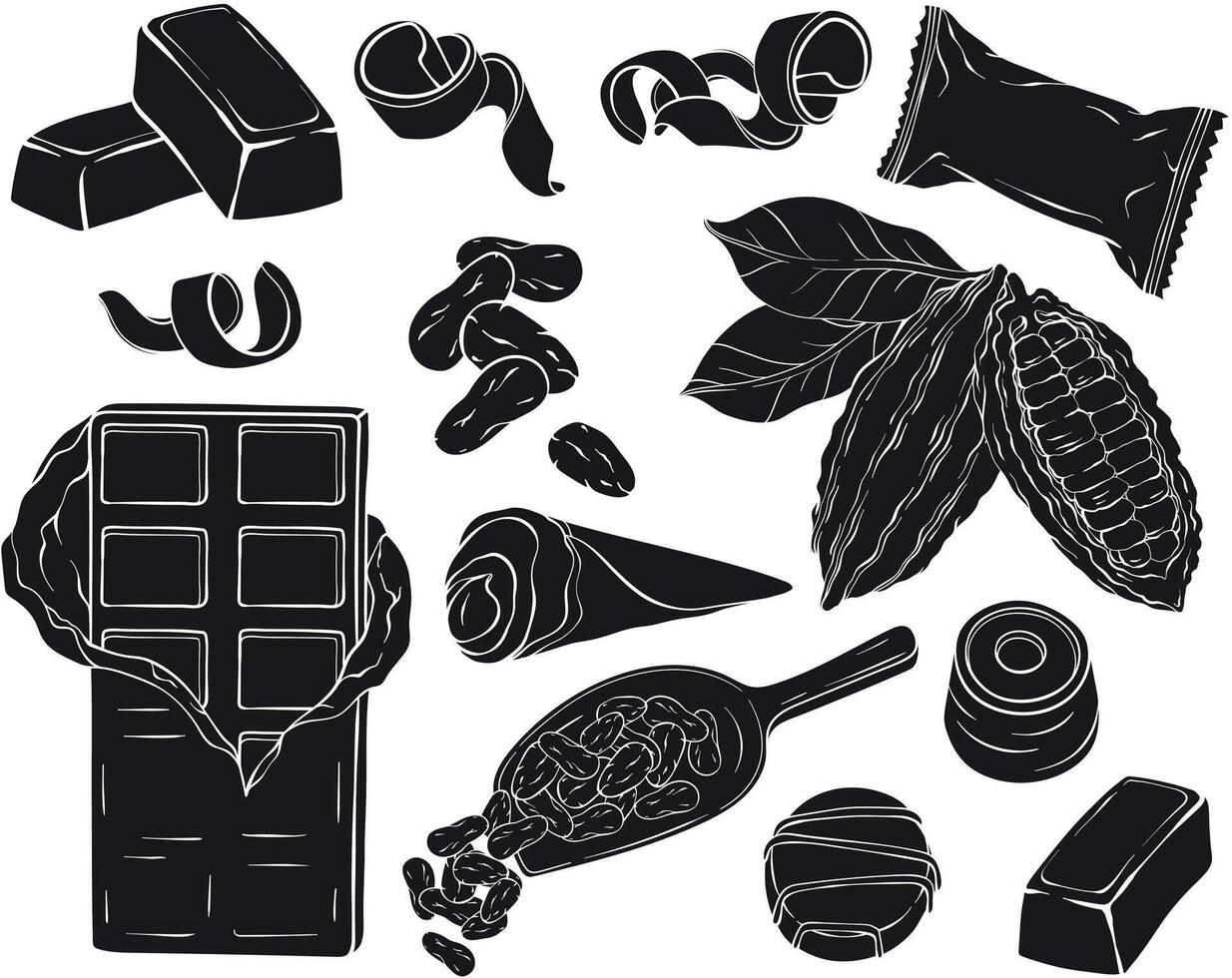 Chocolate silhouette set. Candy, Cocoa Beans, Chips, and Chocolate Bar vector