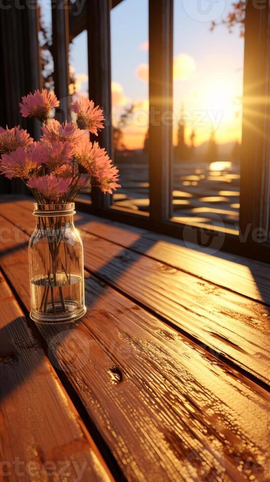 Wooden floor and window in golden hours shine light silhouette photo