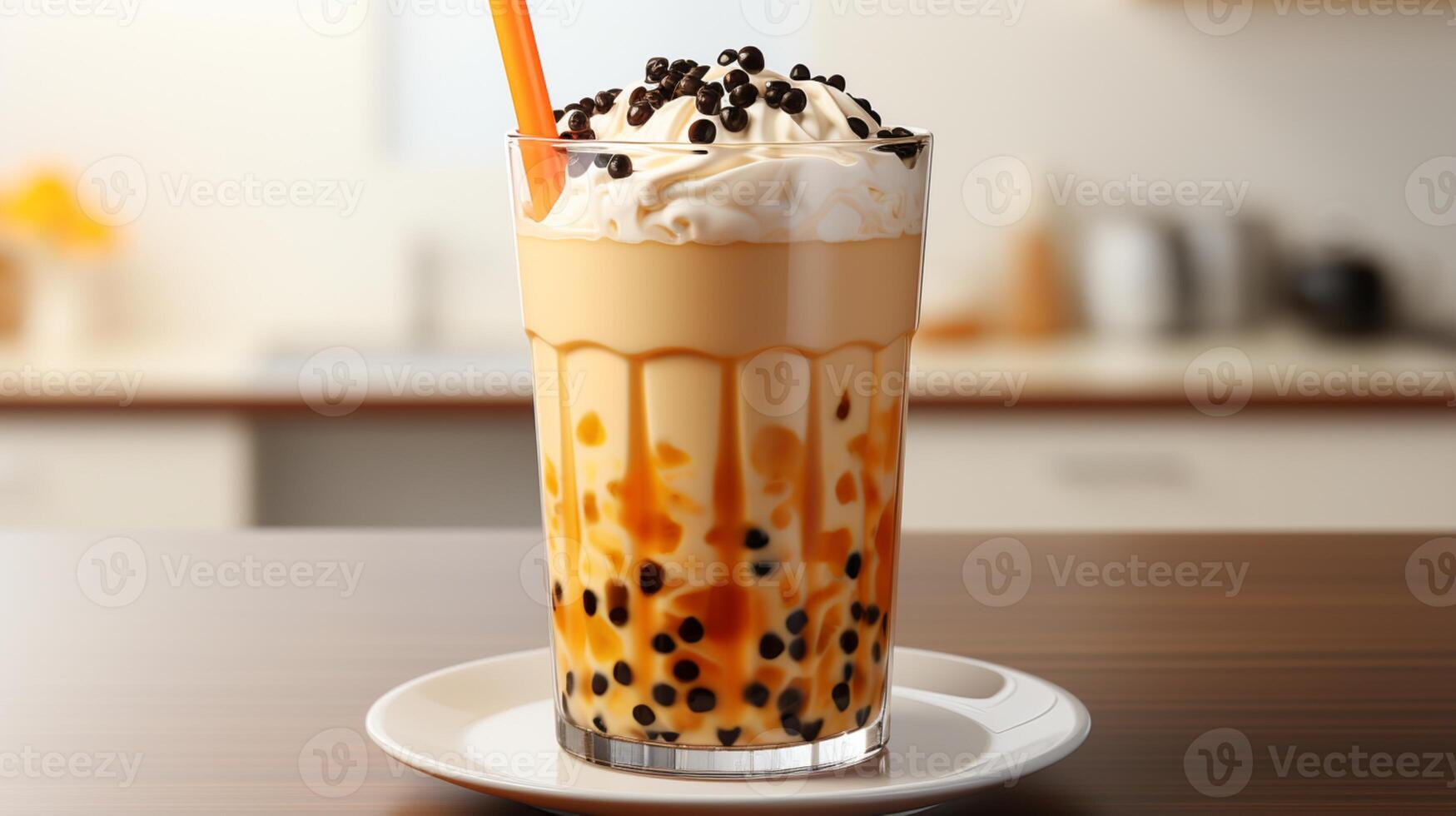 Bubble milk tea with plastic glass and straw photo