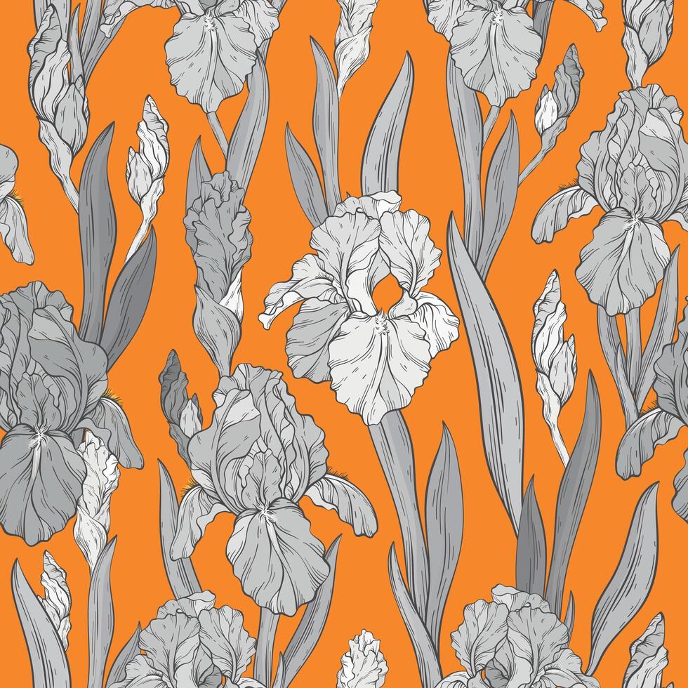 Seamless monochrome pattern with iris flowers and leaves, orange background. Spring floral botanical print. vector