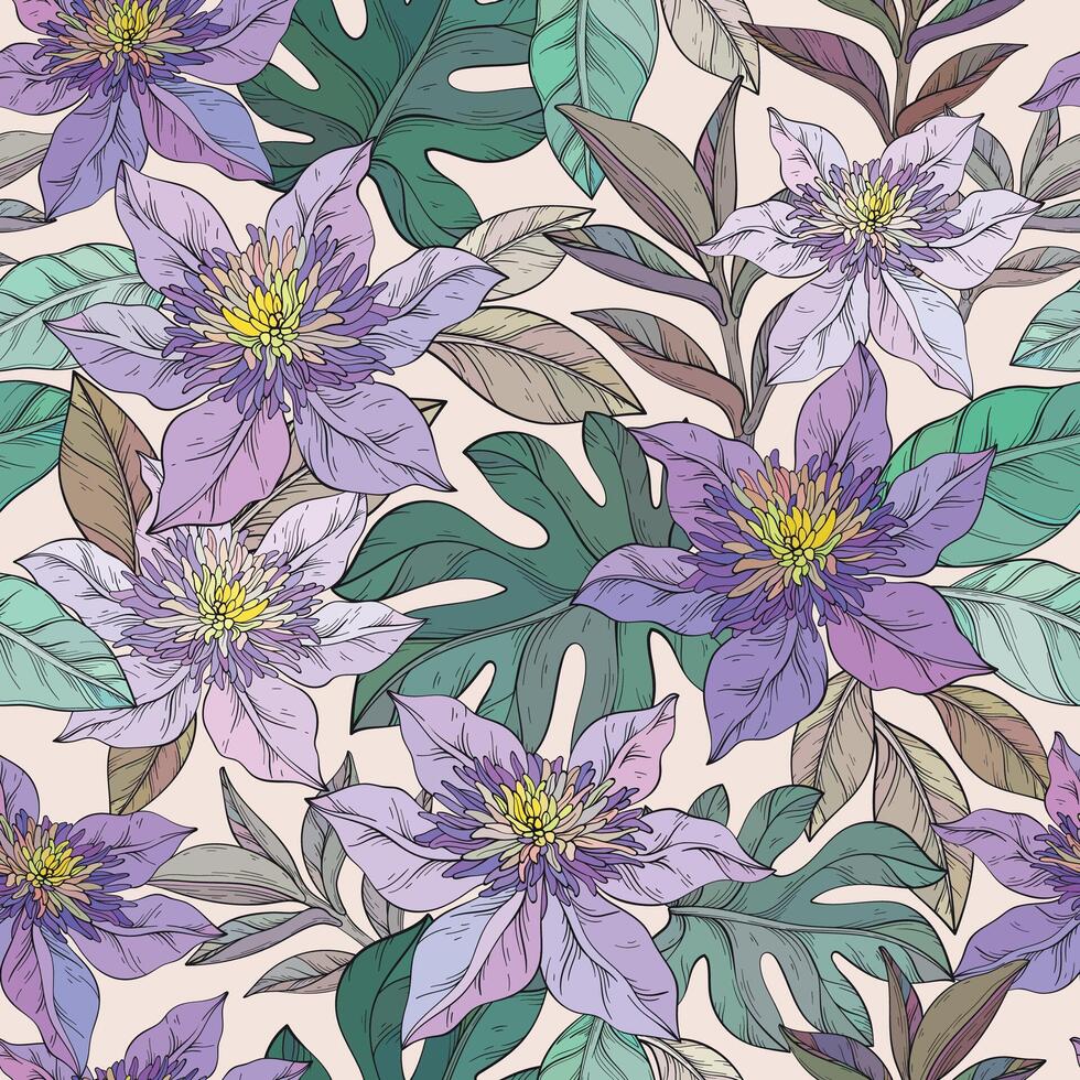 Seamless Pattern with Clematis Flowers. Floral Background for Wallpaper, Print, Fabric, Textile. Summer Blooming Purple Flowers and Leaves. vector