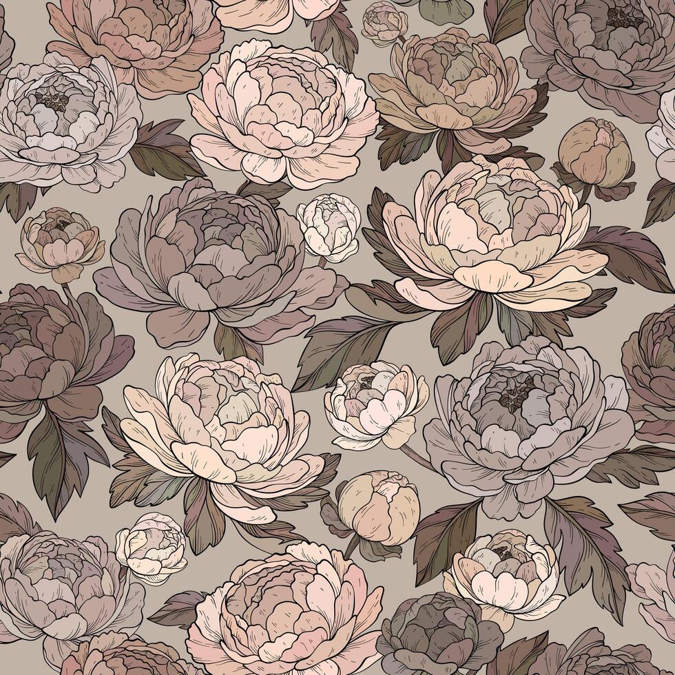 Seamless pattern with beautiful peony flowers, beige color palette. Botany. vector