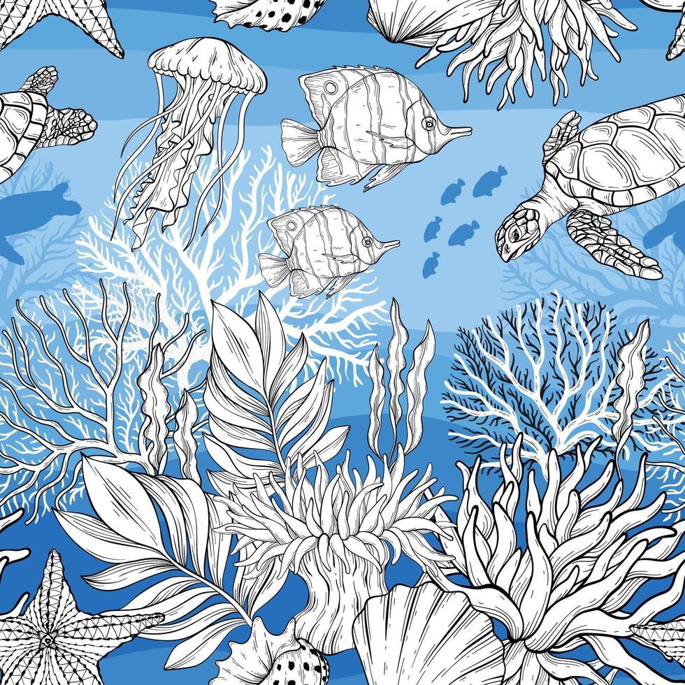 Marine Life pattern on blue background, the ocean and underwater world with different inhabitants. vector