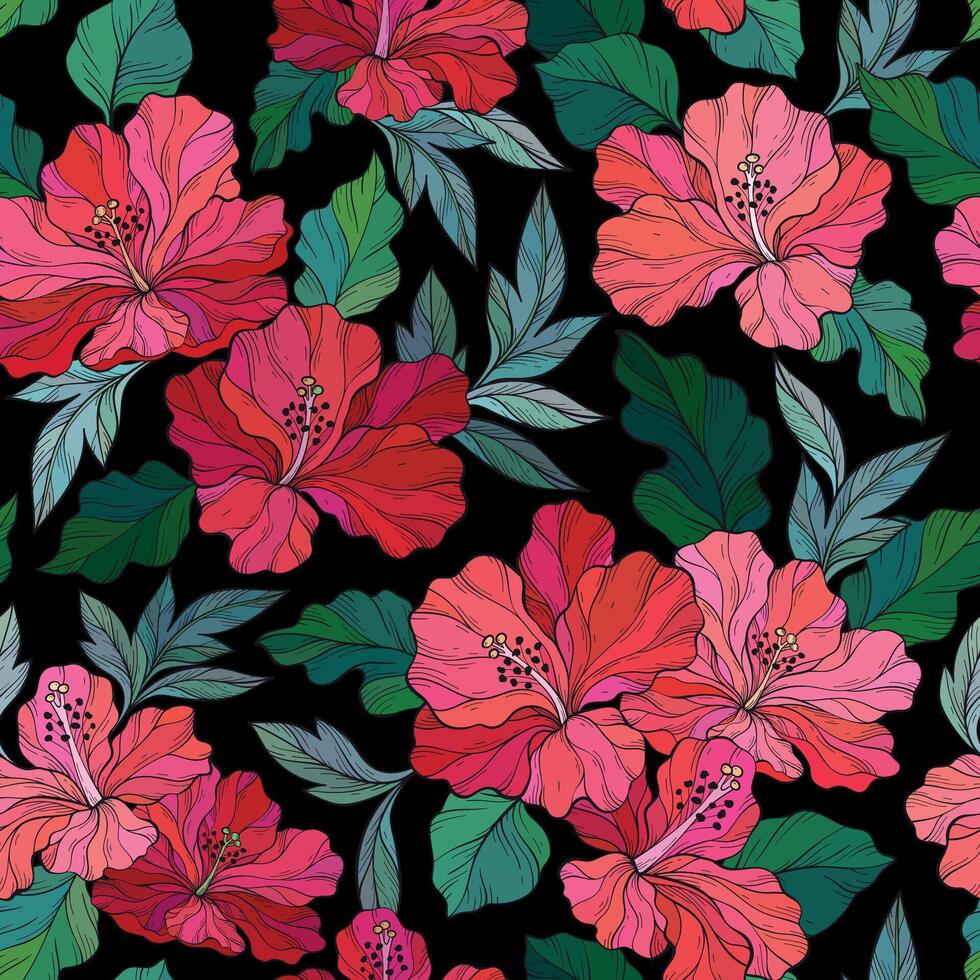 Exotic seamless design, red hand drawing hibiscus flowers. Tropical summer pattern vector