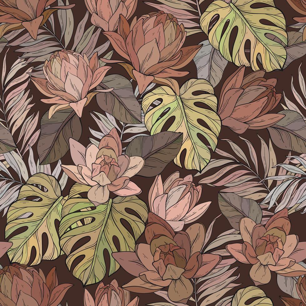 Blossom floral seamless pattern. Lily flowers with monstera and palm leaves scattered random. Brown color palette. vector