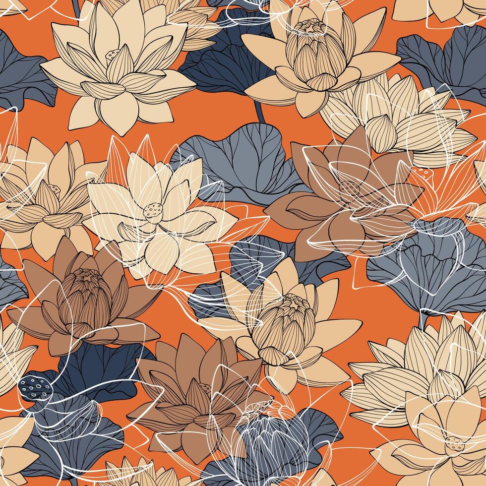 Seamless pattern with pink lotus. Lotus flowers line arts