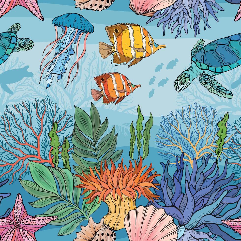 Marine Life pattern, the ocean and underwater world with different inhabitants vector