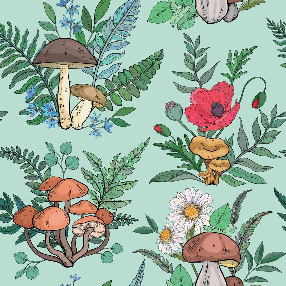 pattern with different types of mushrooms, poppies, chamomile and ferns vector