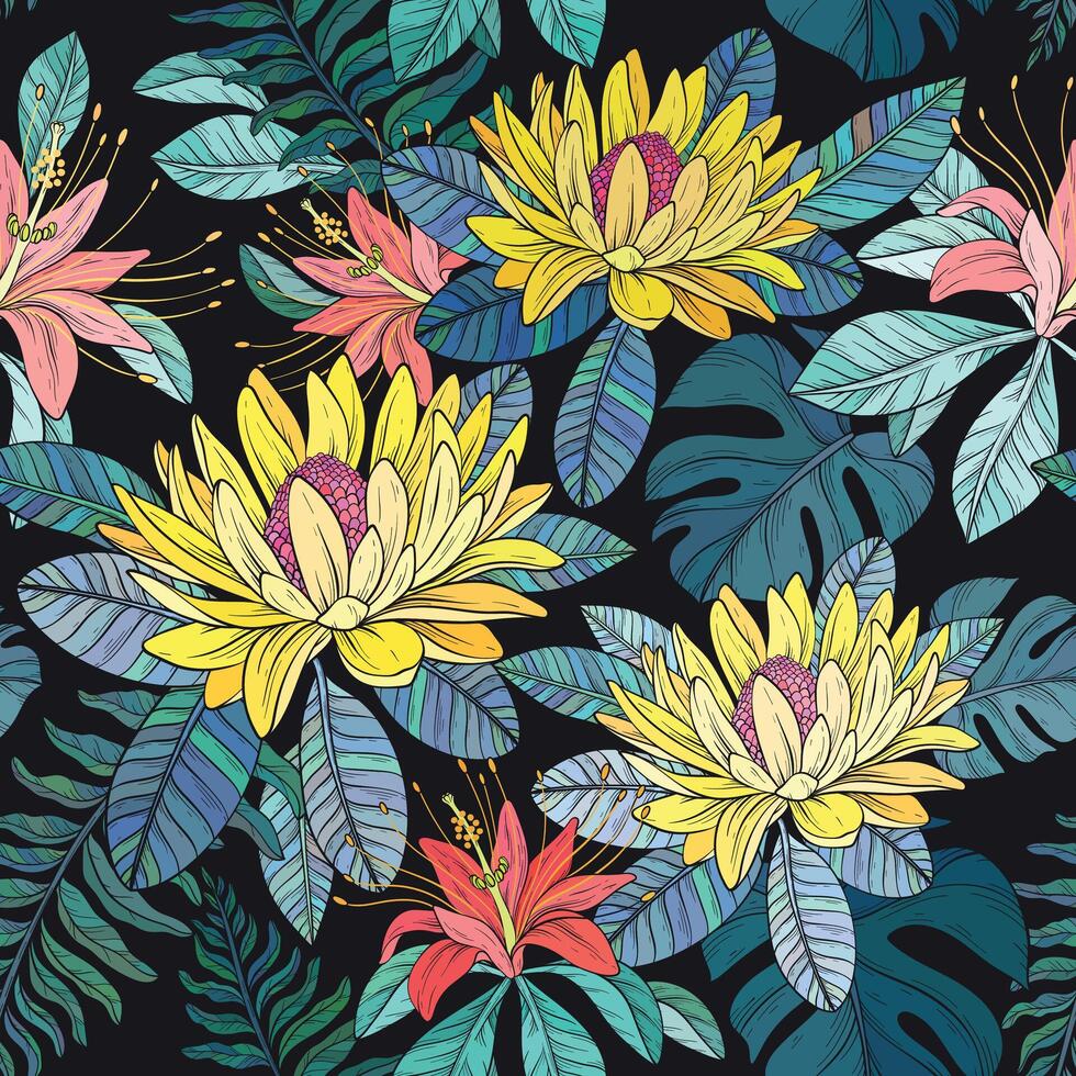 Seamless pattern with Tropical flowers and leaves on black background. vector