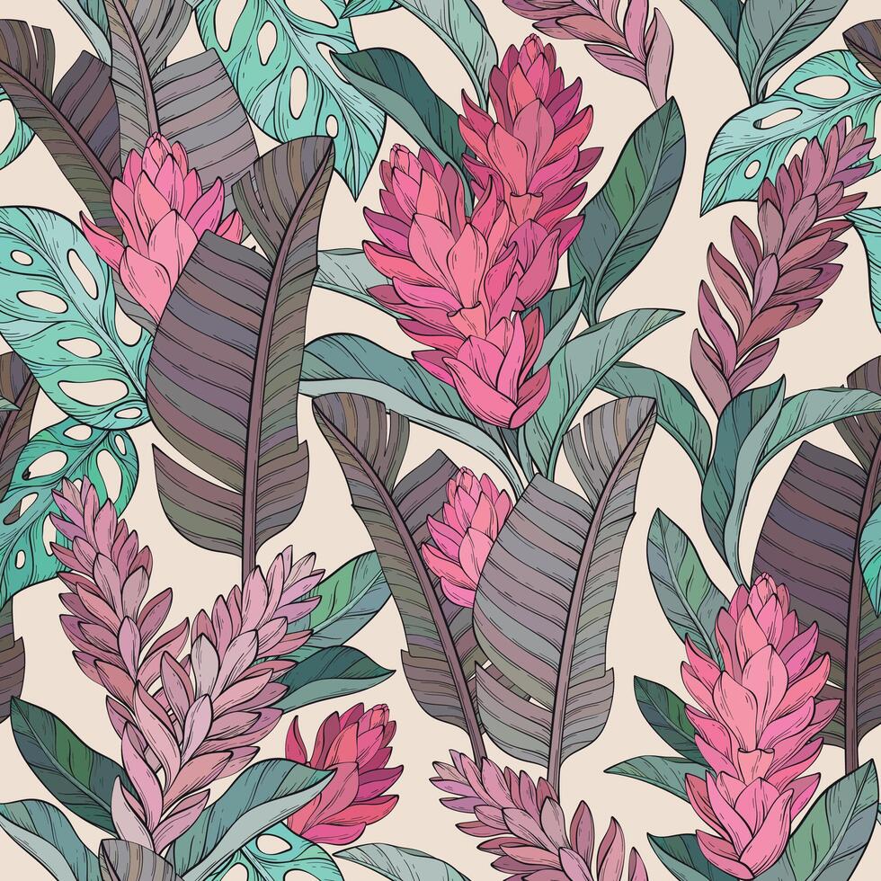Seamless pattern background with hand drawn alpinia purpurata exotic red ginger flower and tropical plants. vector
