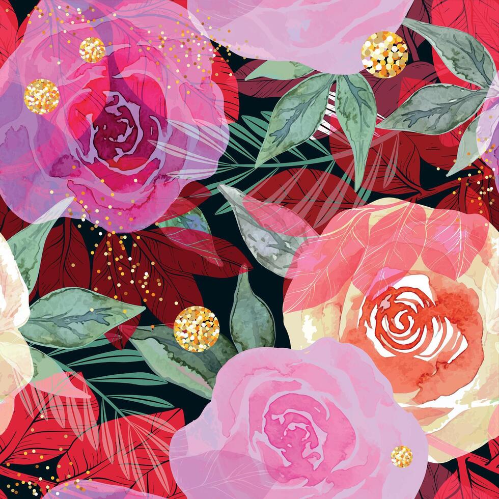 Seamless pattern of roses drawn with watercolor. Wallpaper design. Modern style. Blooming flowers and leaves vector