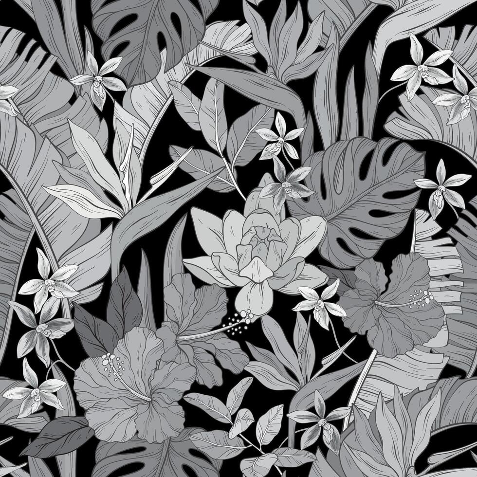 Seamless monochrome pattern with various flowers. Hibiscus, bird of paradise flowers and palm leaves. vector