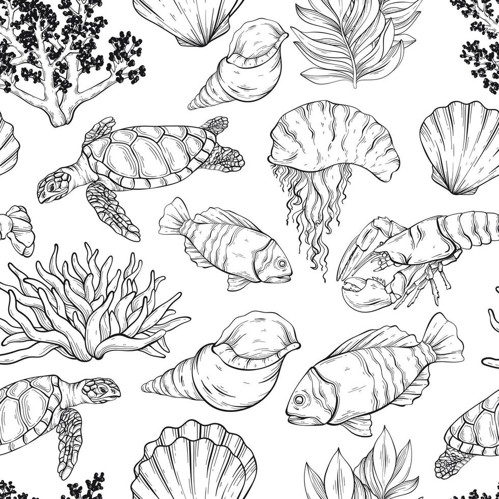 Outline sea creatures seamless design. Wild life pattern with sea inhabitants vector