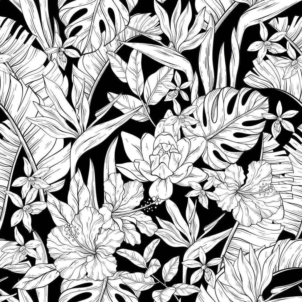 Seamless black and white pattern with various flowers. Hibiscus, bird of paradise flowers and palm leaves. vector