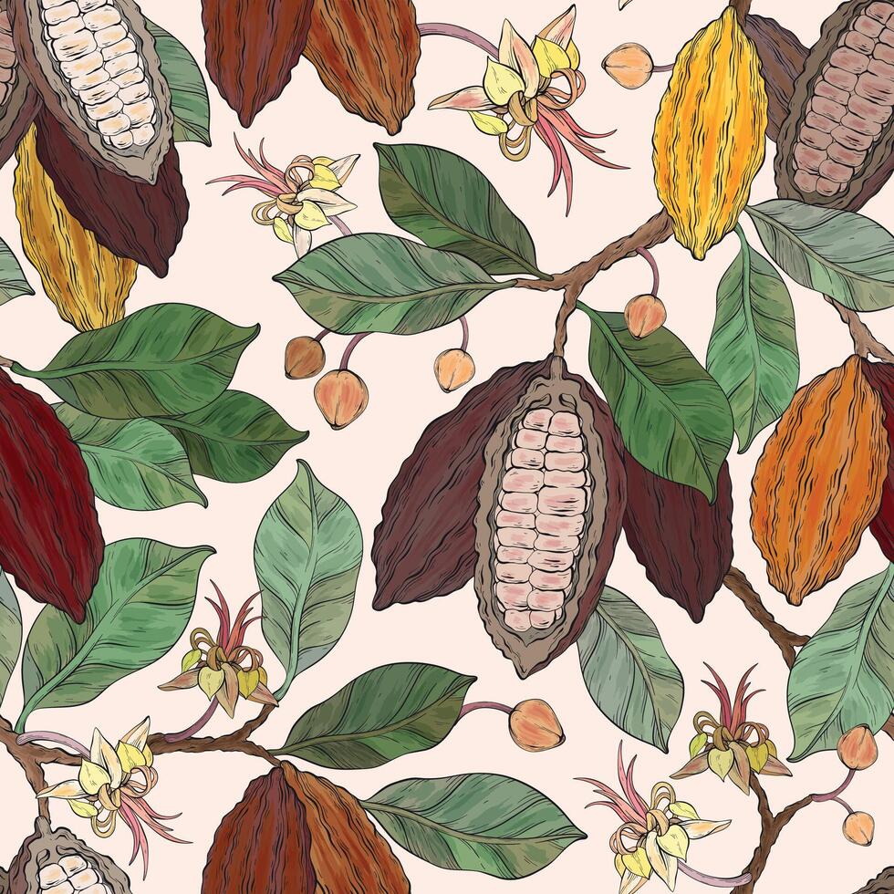 Seamless pattern of cocoa leaves, flowers and fruits of cocoa beans vector