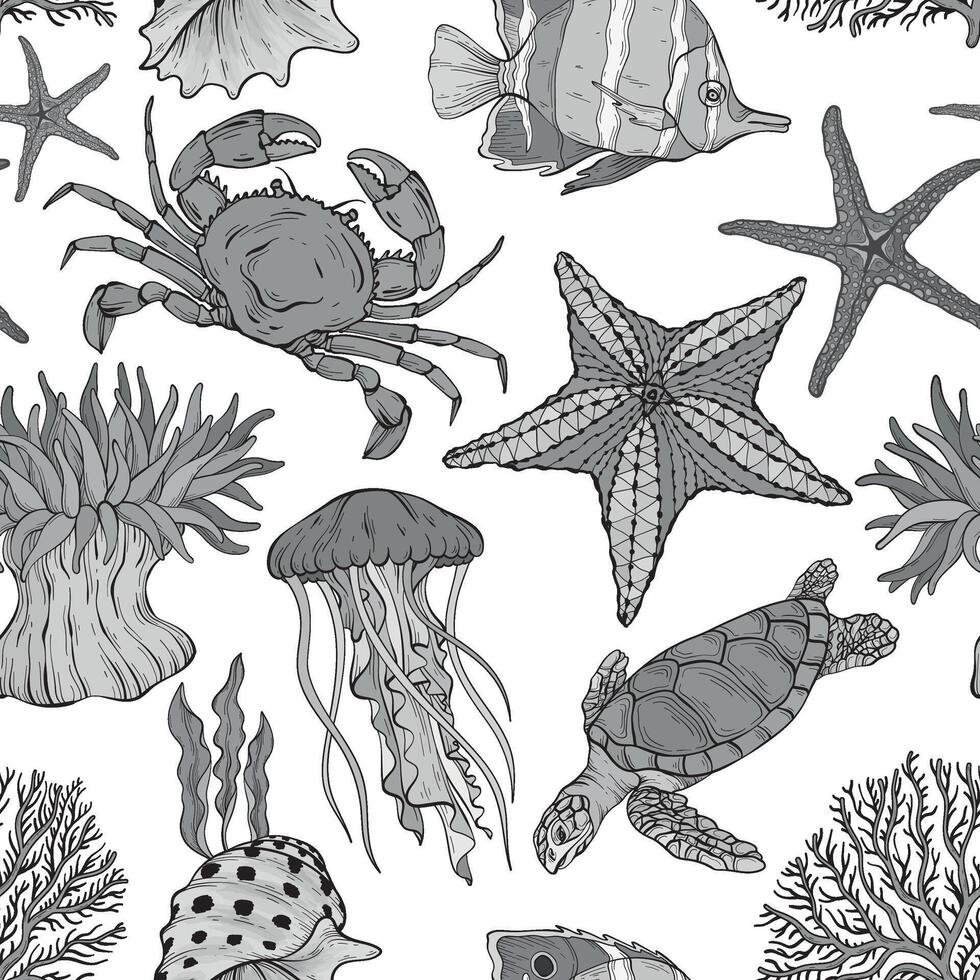 Seamless monochrome summer underwater pattern. Various shell, algae, turtle, crab, crayfish, jellyfish, shell coral starfish anemone vector