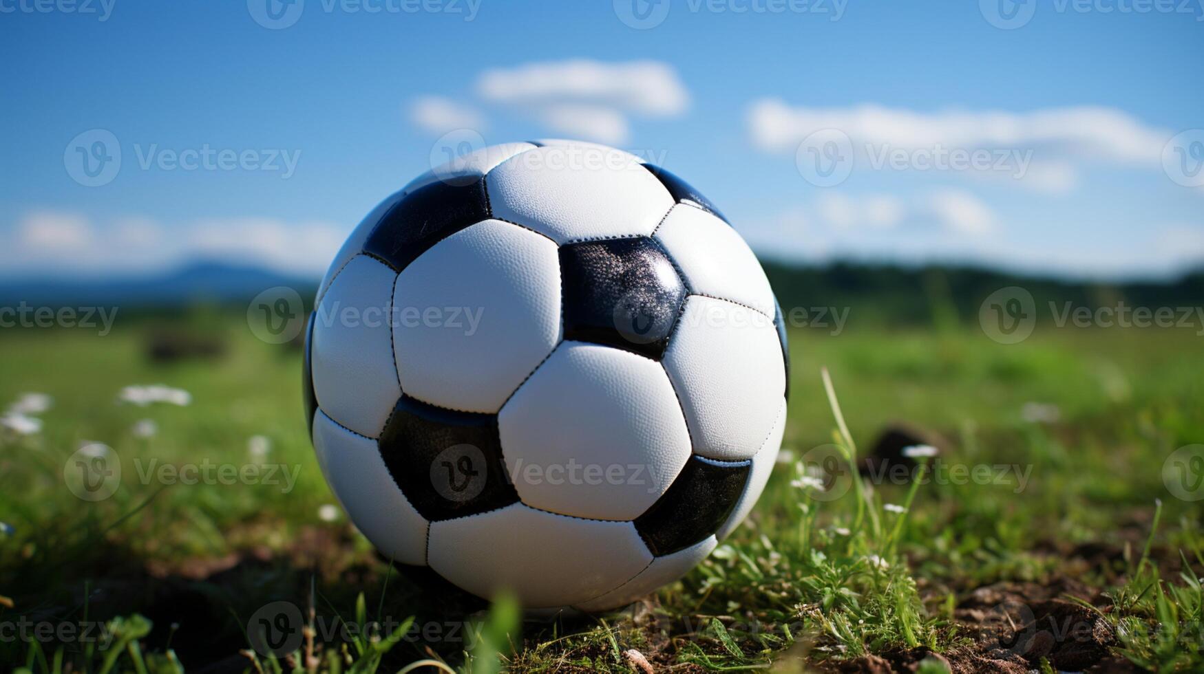 Foot ball rounded with white and black on grass field photo