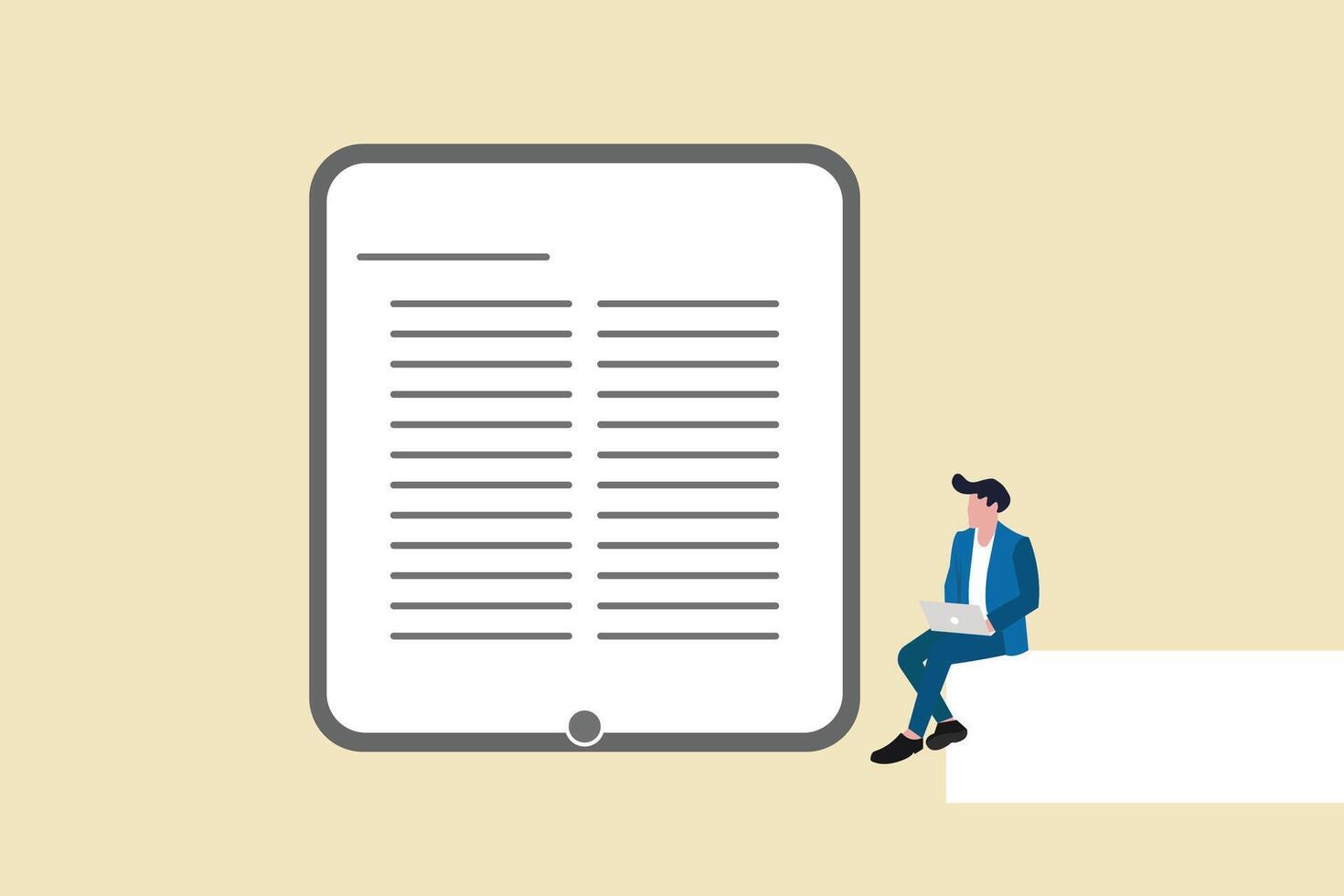 Businessman holding laptop checking document paper. concept of agreement or contract validation, financial or budget analysis vector