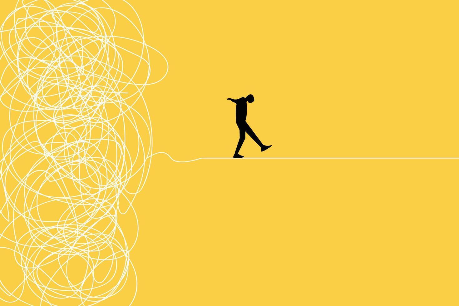 Businessman running away from mess chaos line. concept of find solution, thinking process and problem solving vector