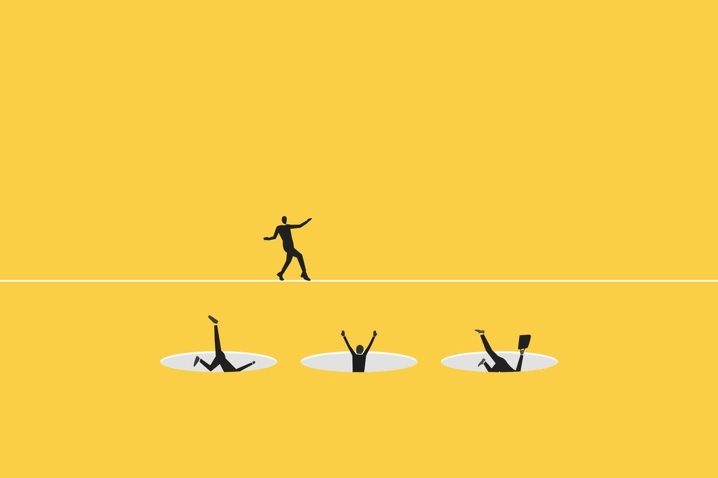Business and financial crisis concept with businessman walking on the line and trying do not fall to abyss. Symbol of market crash, recession, risk, bankruptcy and loss. Eps10 illustration vector