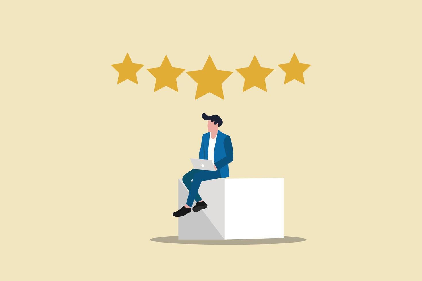 Businessman with laptop are giving review rating and feedback. concept of excellence or great service, quality, and good reputation vector