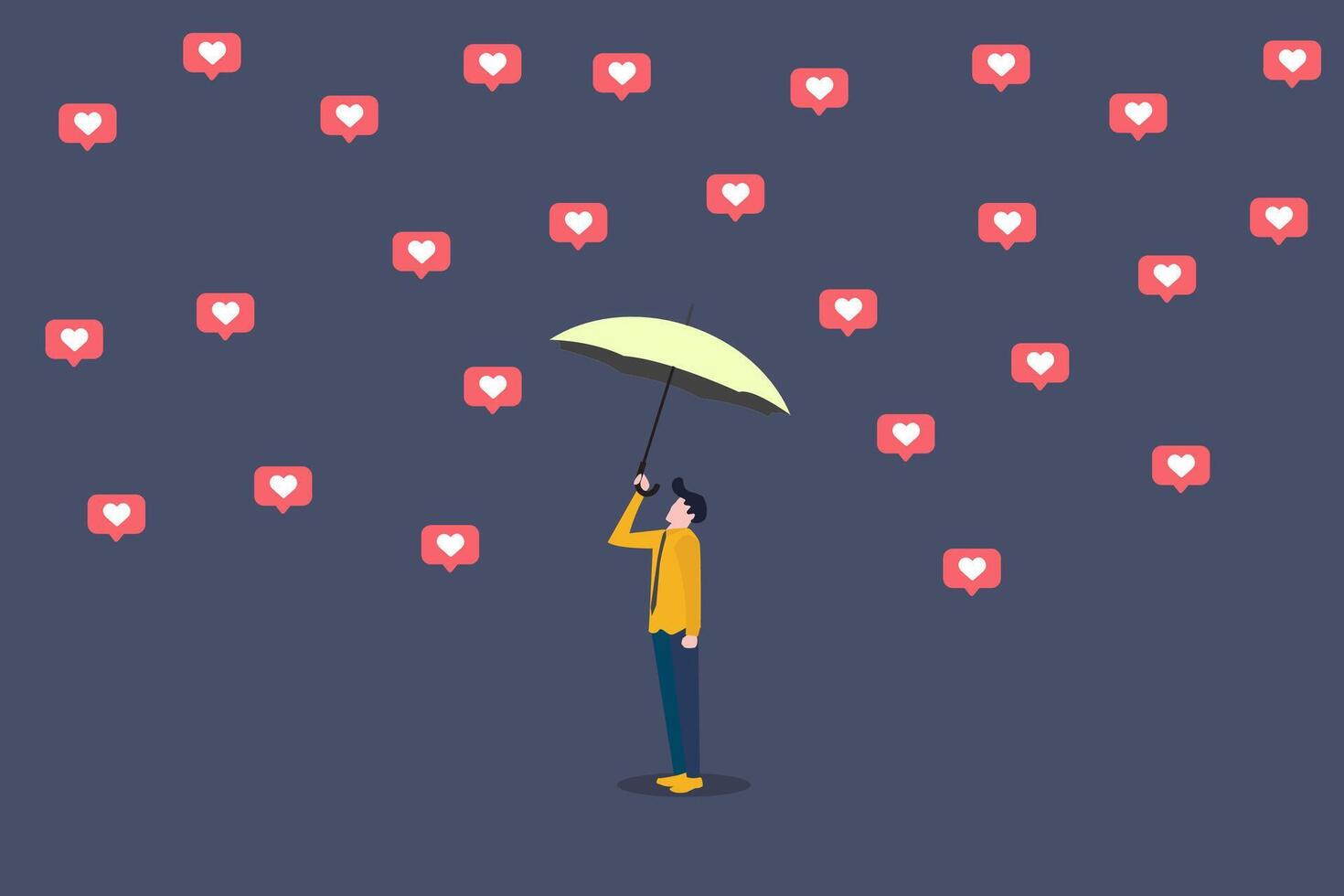 Businessman standing with umbrella under falling heart or like icons. Concept of social media, influence, popularity, modern lifestyle and famous vector