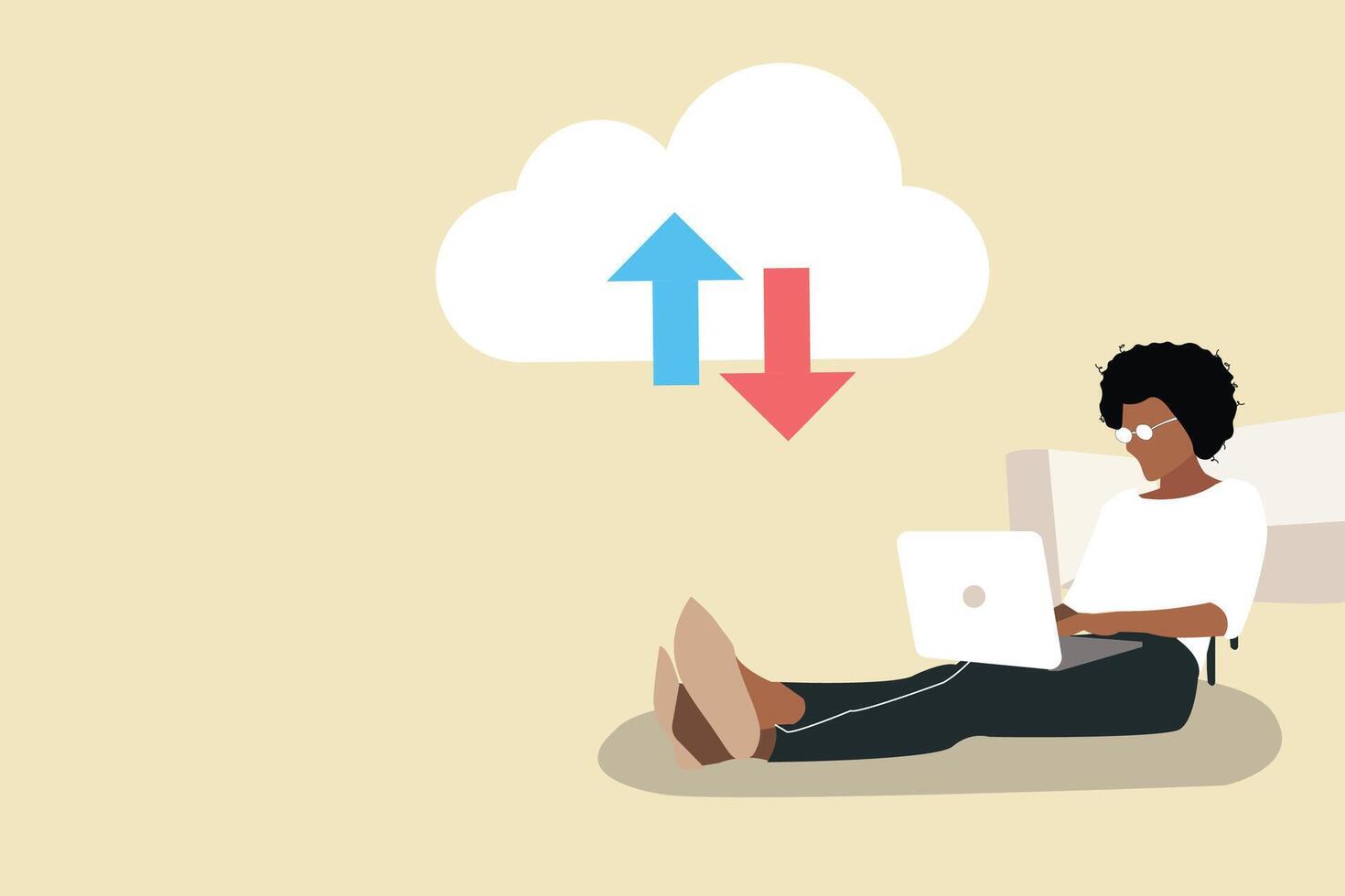 Female use laptop download and uploading files. concept of transferred documents to server, copy files, data exchange, backup, saving document in storage, digital data vector