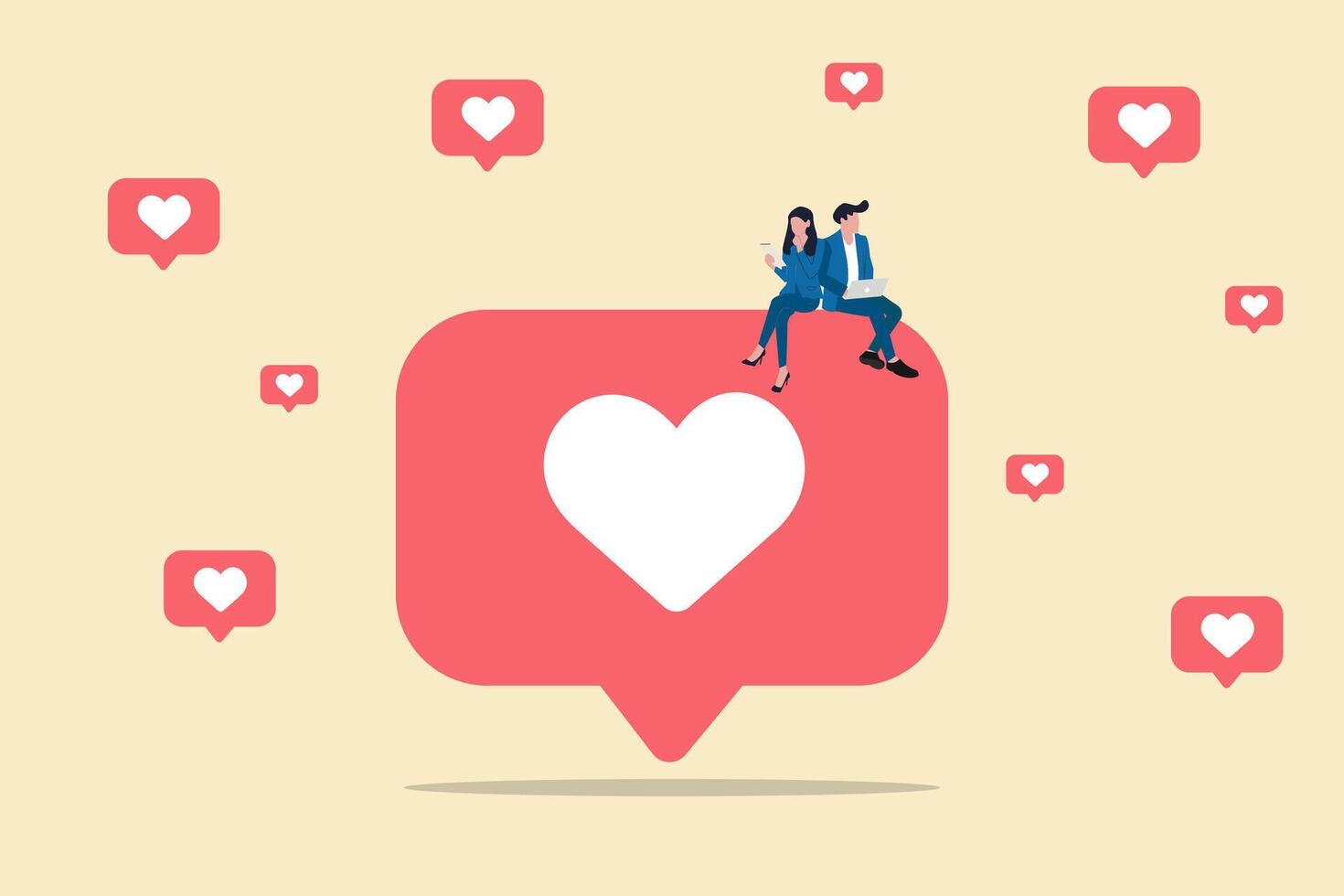 Couple worker in love sitting on huge red sign.concept of modern technology, Social network, communication, relationship vector