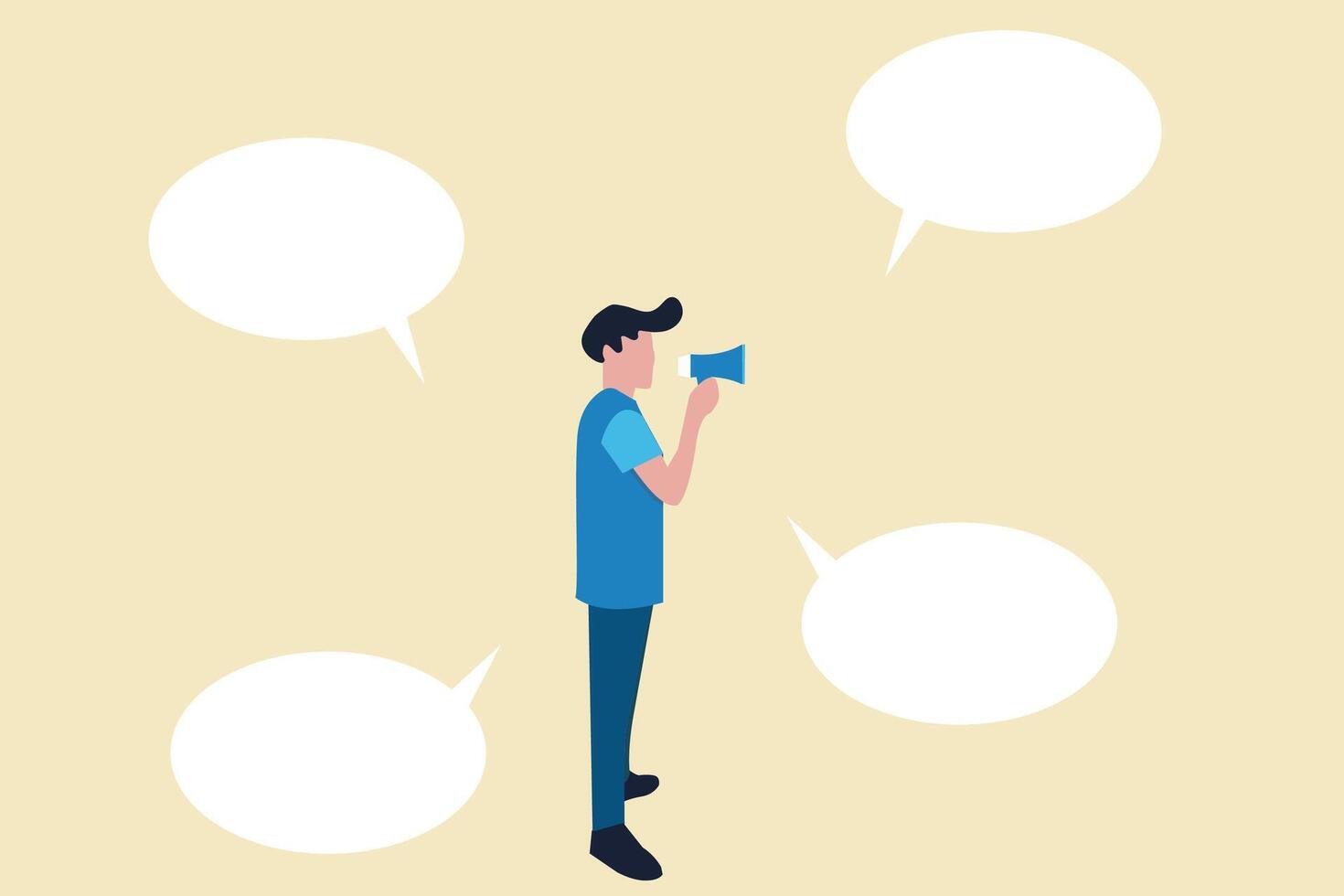 Businessman speech on megaphone. Communication or PR, Public Relations manager to communicate company information and media, announce sales or promotion concept vector