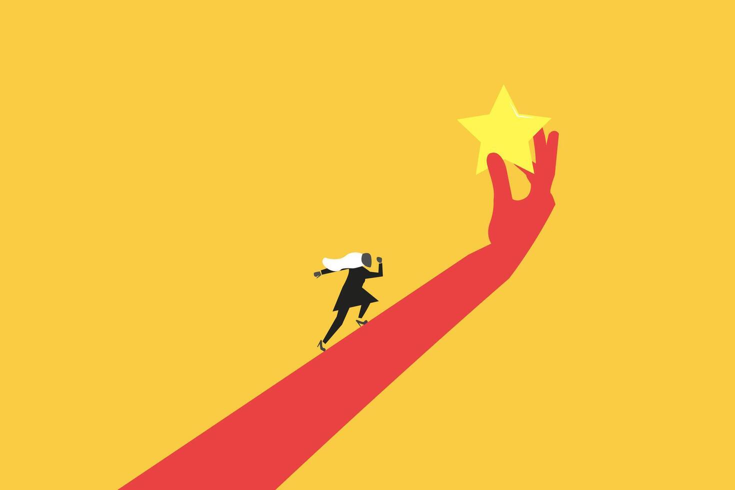 Businesswoman run up to reach star in giant hand. concept of Employee success recognition, encourage and motivate best performance, cheering or honor on success or achievement vector