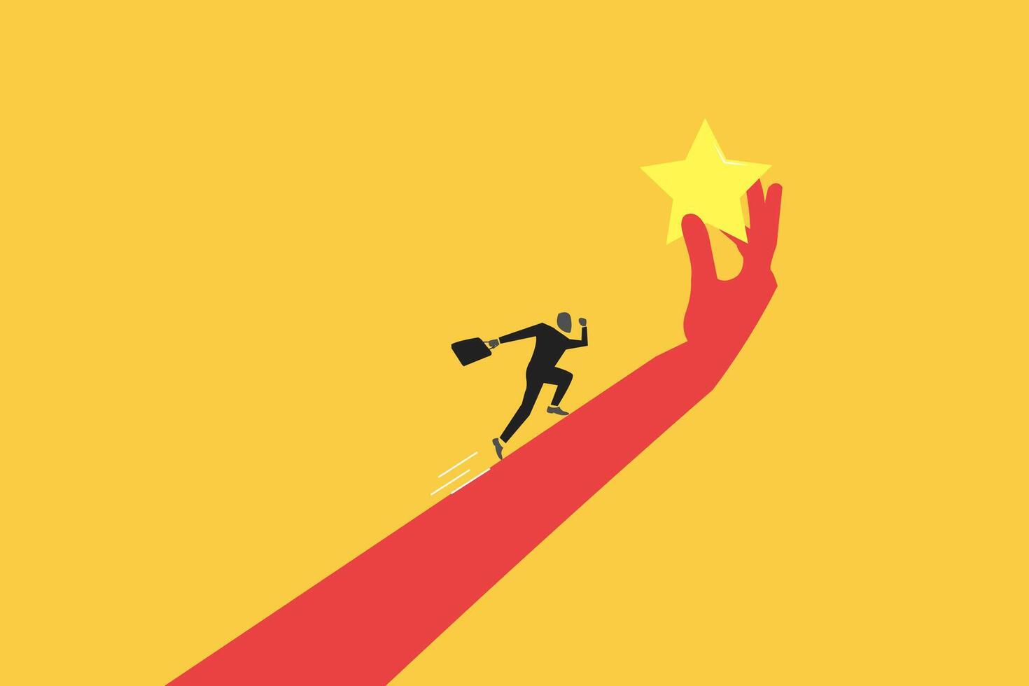Businessman run up to reach star in giant hand. concept of Employee success recognition, encourage and motivate best performance, cheering or honor on success or achievement vector