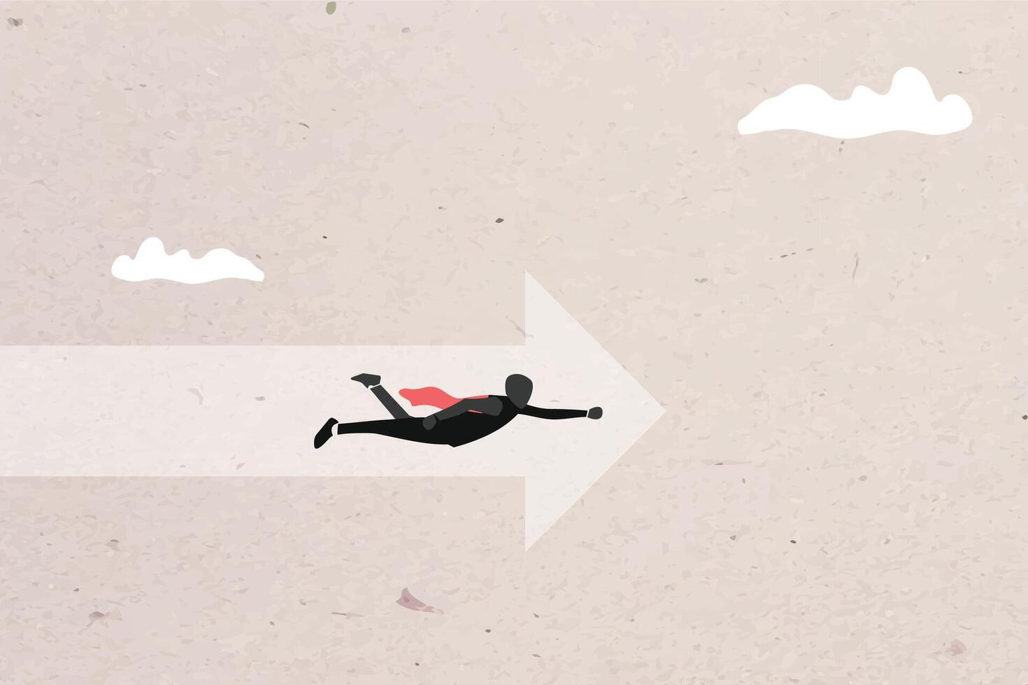 Super businessman flying follow the arrow. symbol of achievement, success and developing business in successful way. Businessman looking forward vector