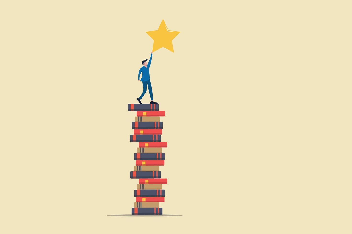 Businessman standing on books for graduation. concept of success, education level and skill development vector