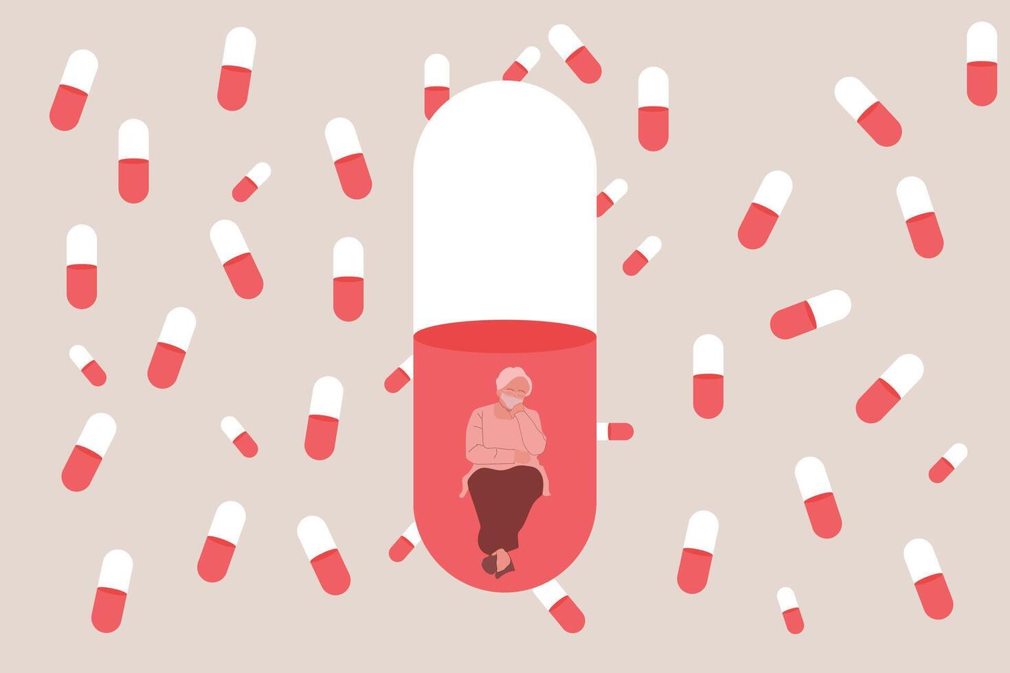 Senior sitting inside pill with a lot of pill his depressed from taking medicine vector