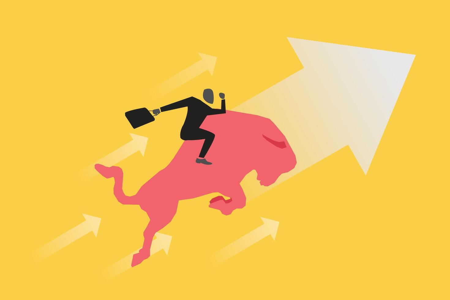 Businessman sitting on bull. Bullish market trend in stocks or crypto. Trade exchange, up arrow graph for increase in rates vector