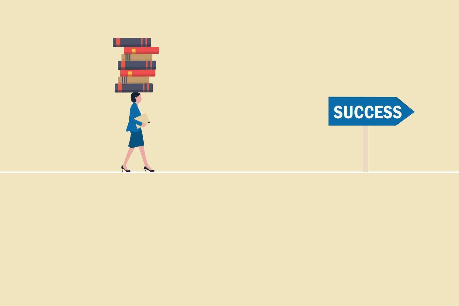 Business woman walking with books on head. concept of success, education level and skill development vector