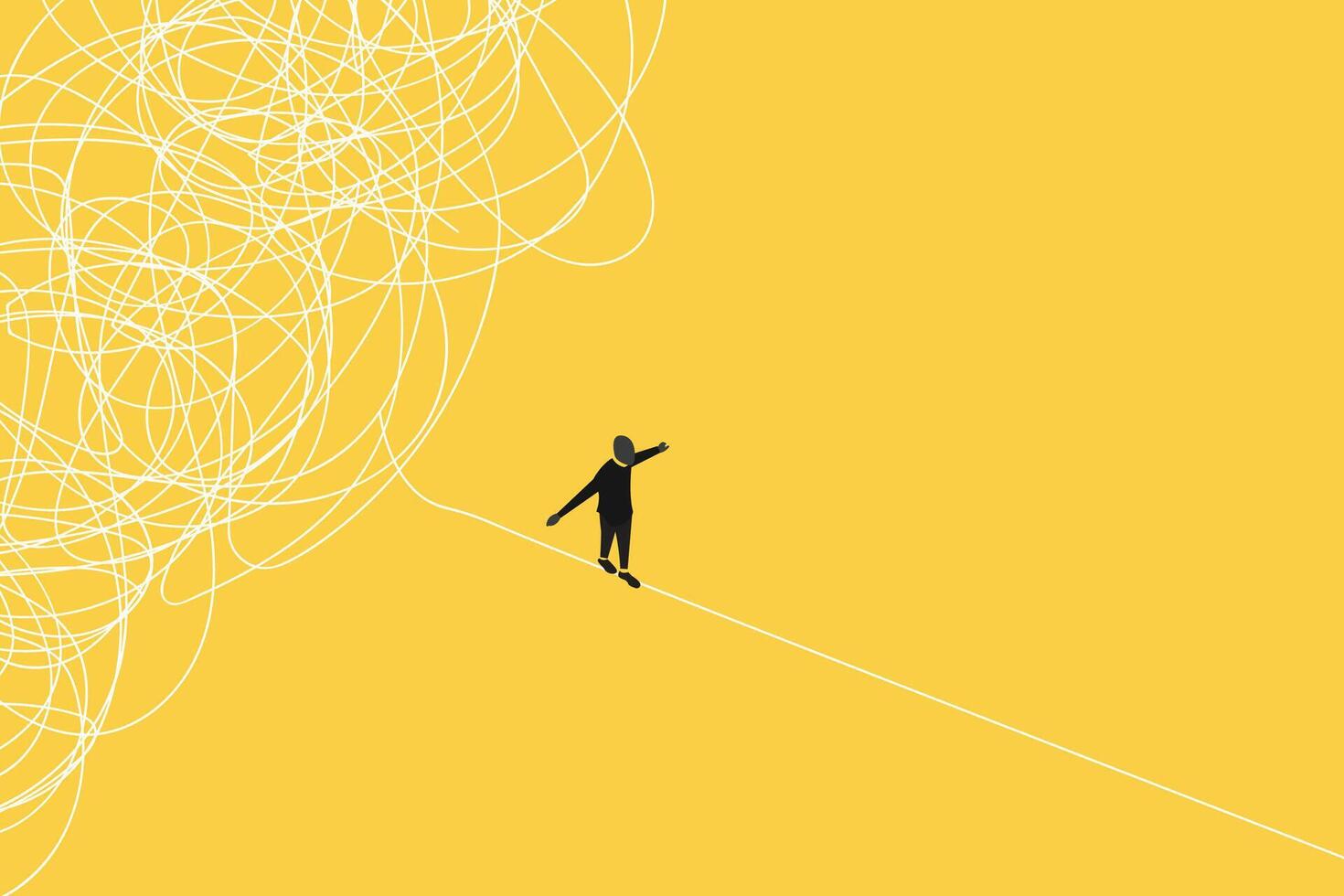 businessman running away from mess chaos line. concept of find solution, thinking process and problem solving vector