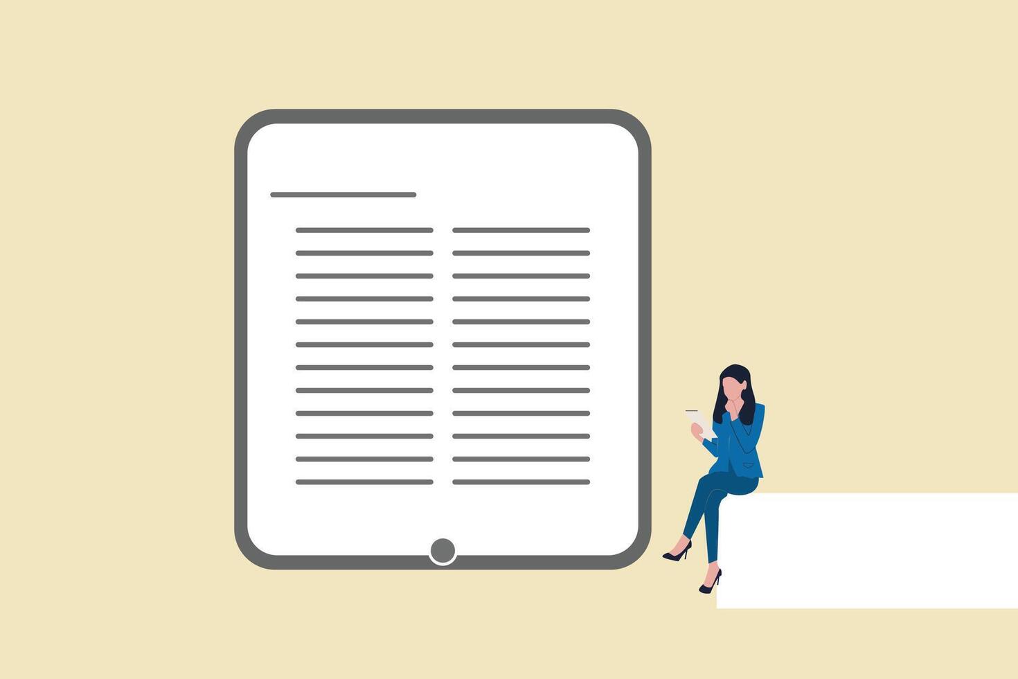 Business woman holding tablet checking document paper. concept of agreement or contract validation, financial or budget analysis vector