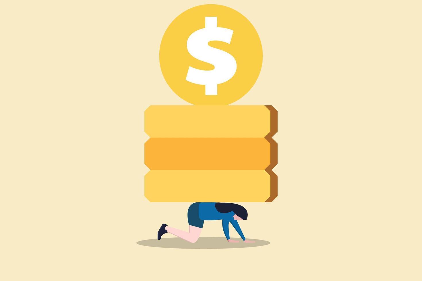 Business woman bent by huge coin. Concept for burden of taxes, financial debts, payment of interest to creditors vector
