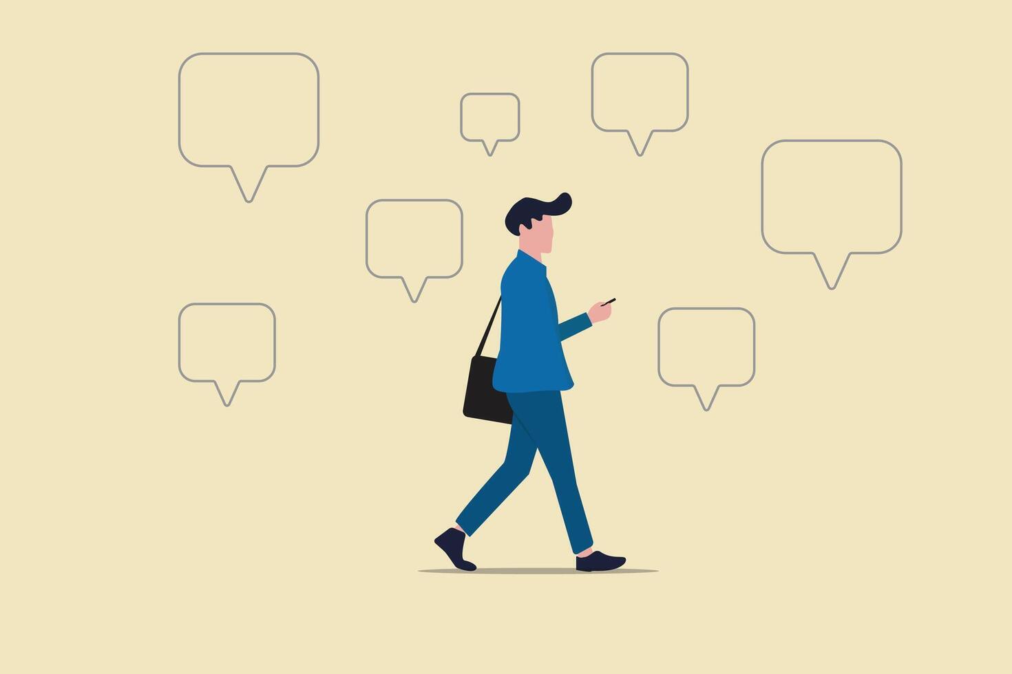 Businessman walking with a phone and chatting. A busy man received a message and reads. concept of of social networks and online communication vector