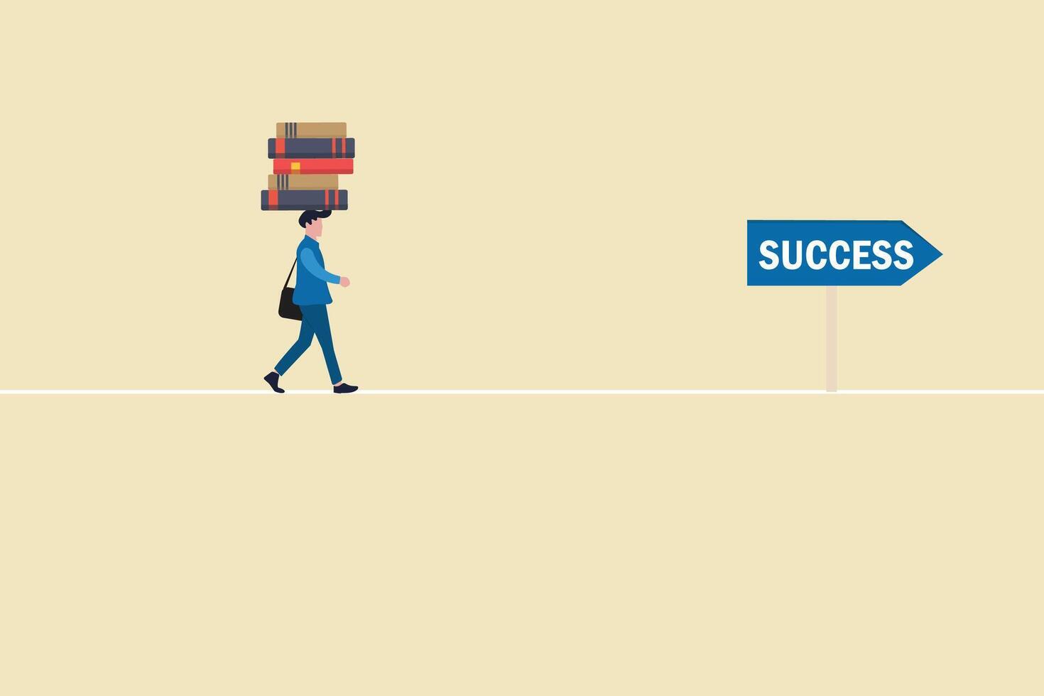 Businessman walking with books on head. concept of success, education level and skill development vector