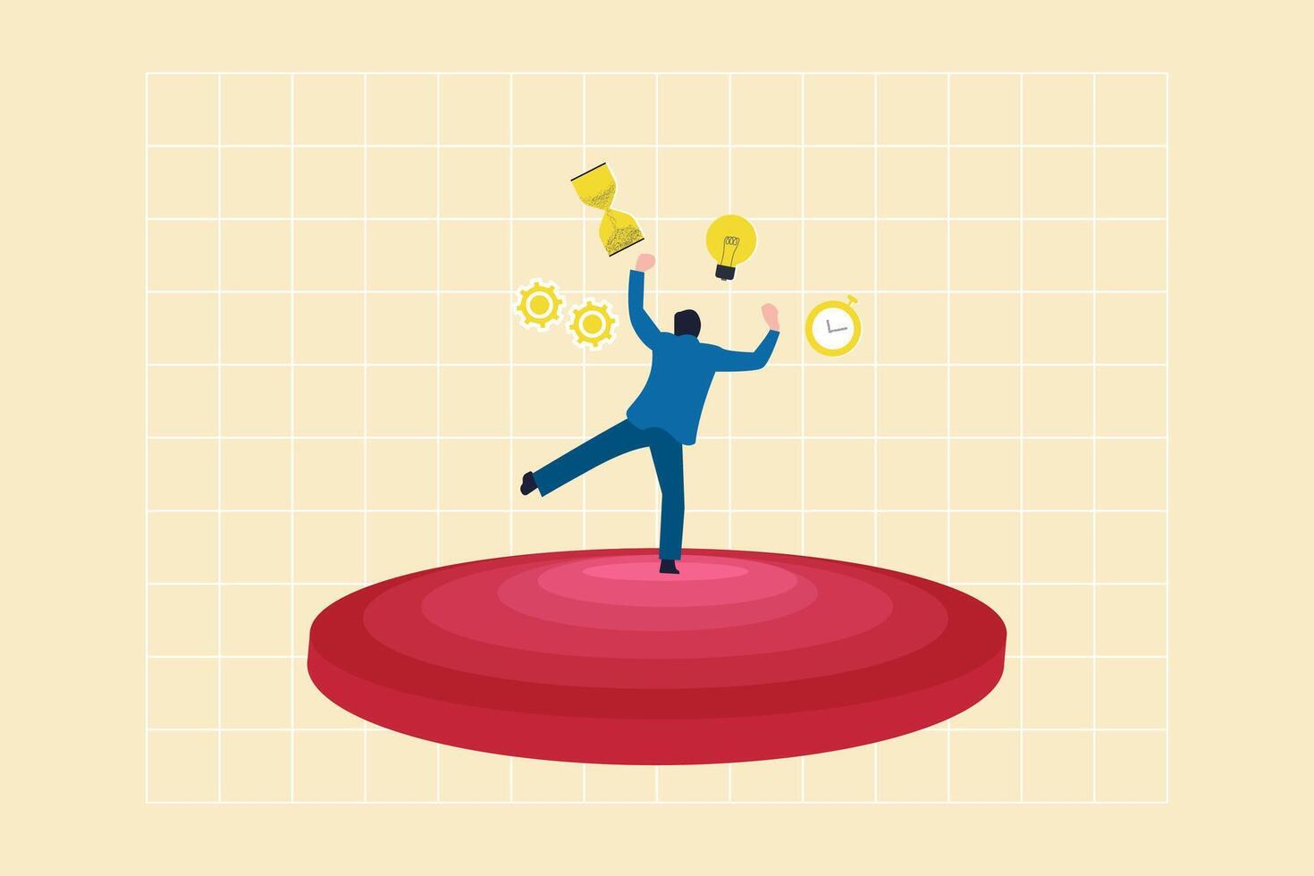 Businessman happy with time, ide, gear and target. concept of productive master, productivity and project management skill, multitasking work and time management vector