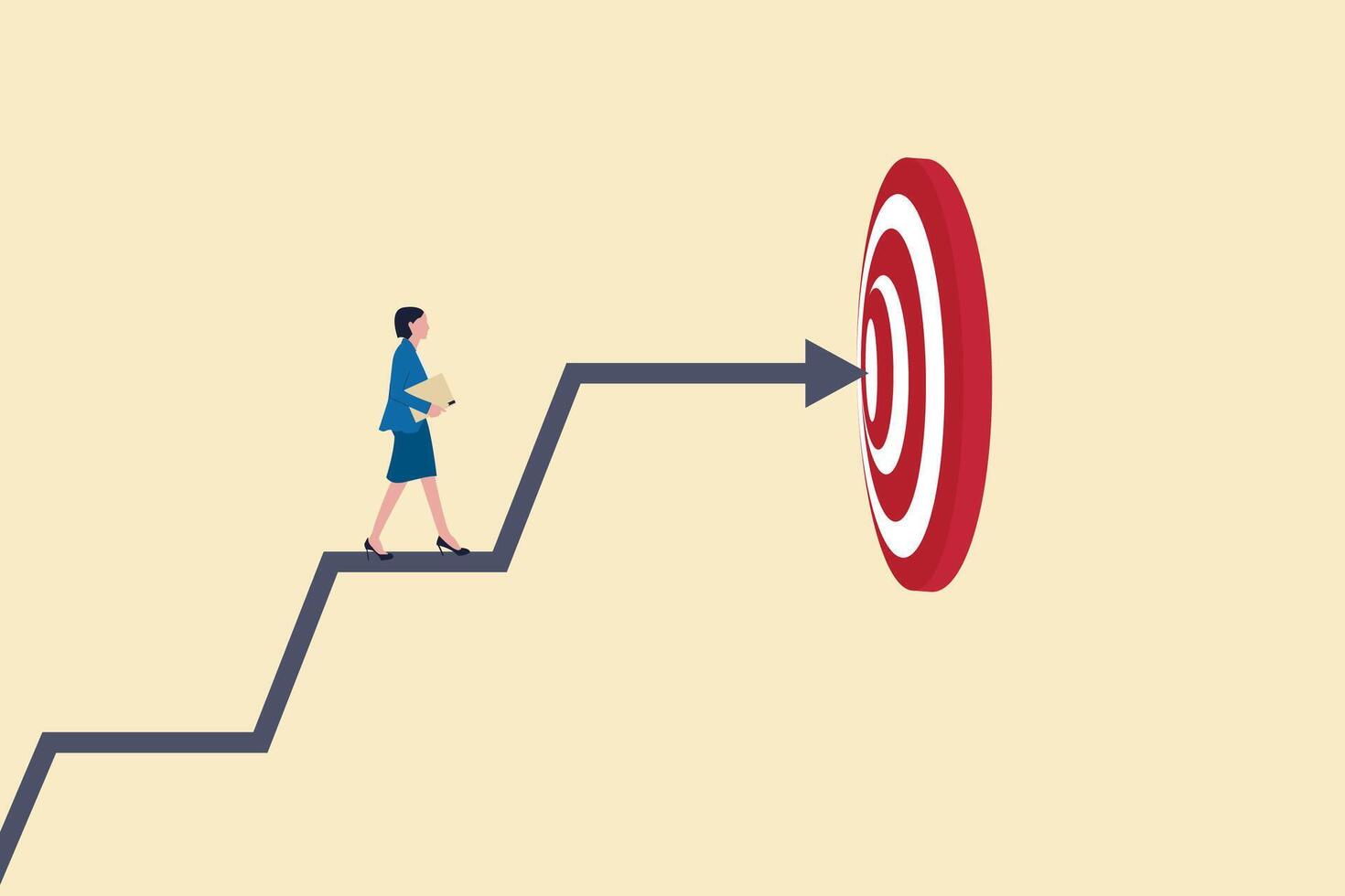 Business woman in the way to the goal or target. Business growth and improvement, target high profit, stock market and success vector