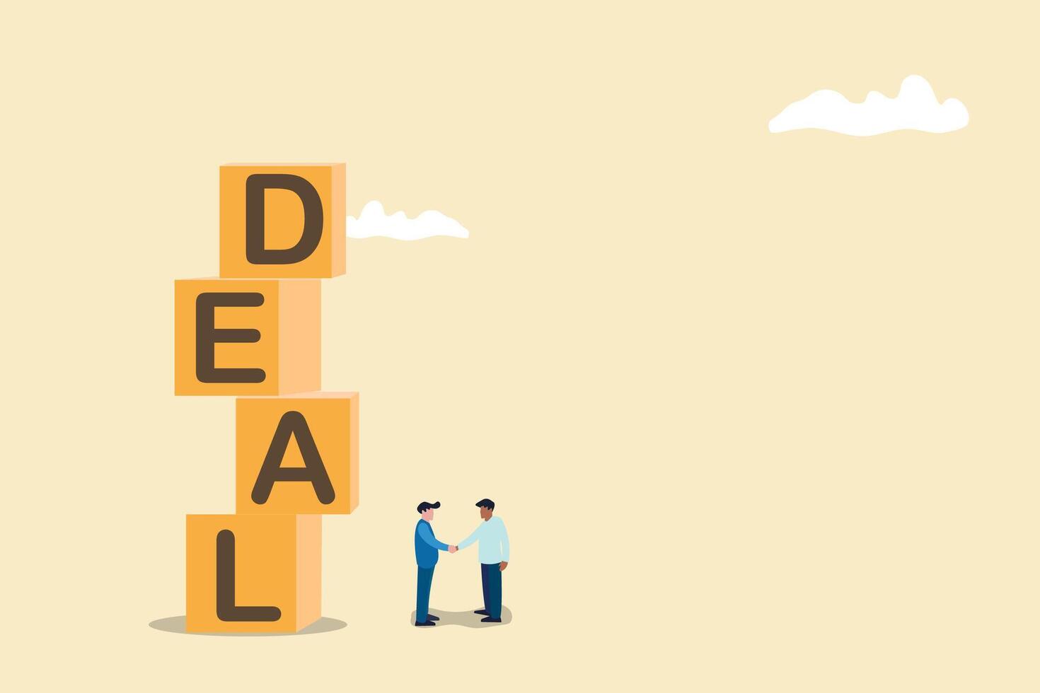 Business deal or financial agreement concept. Business negotiation, deal making or acquisition, merger. Two men shaking hands with deal text. vector