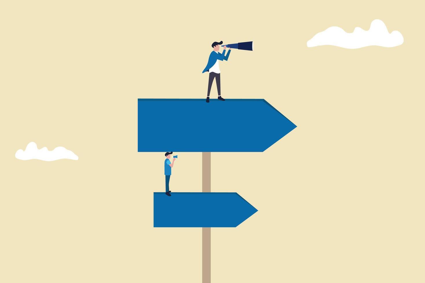 Businessman standing on arrows holding binoculars and megaphone to look and shout into the distance vector