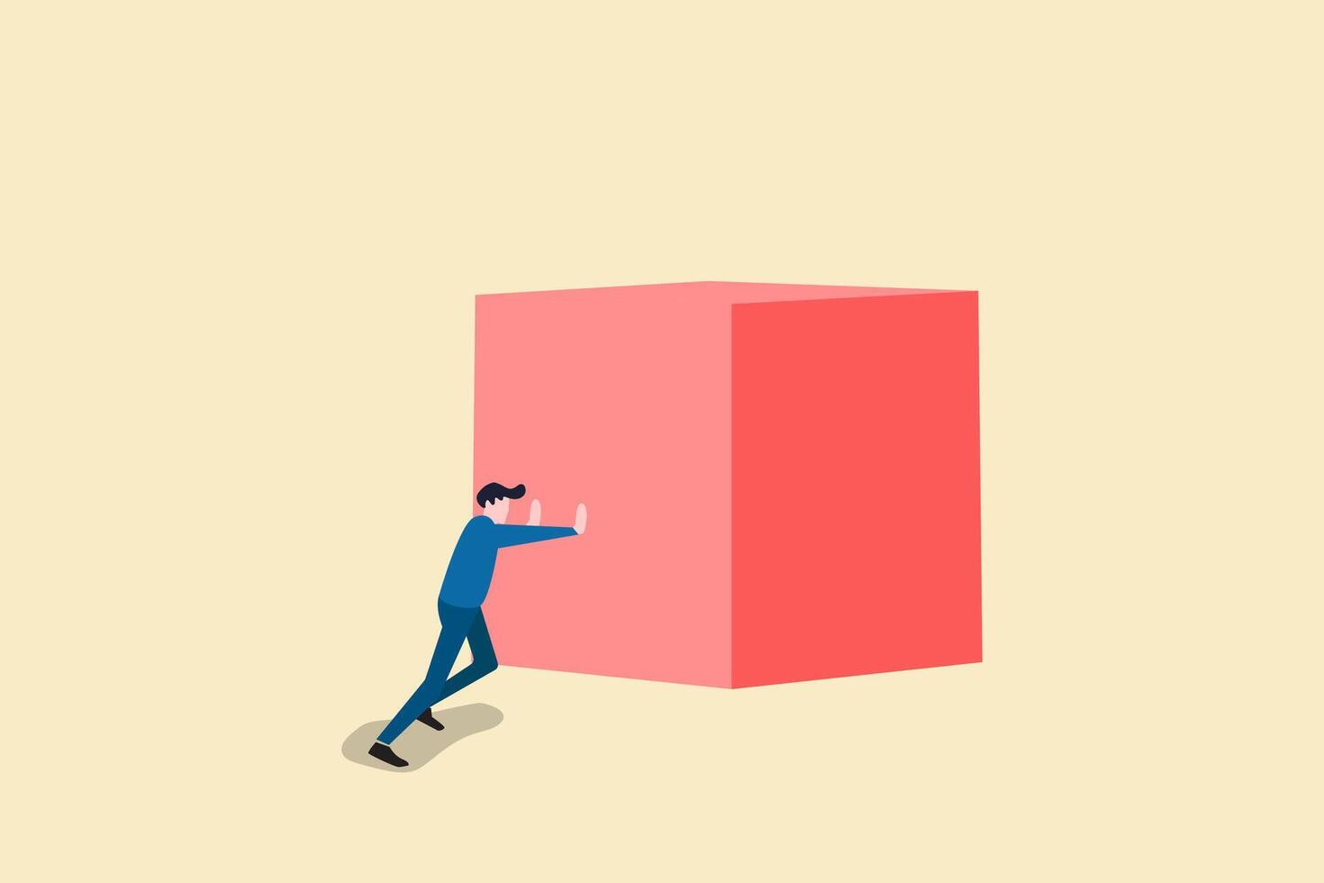 Strong businessman concept. Symbol of strength, courage, power. Businessman pushing a big cube. business illustration. Businessman pushing huge stone up. problem crisis vector